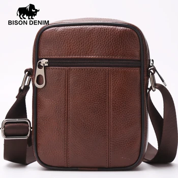 BISON DENIM 2017 Summer MINI Crossbody Bags Coffee Cowhide Genuine Leather Slim Shoulder Bag Men Messenger Bag for gift W2432-1Z