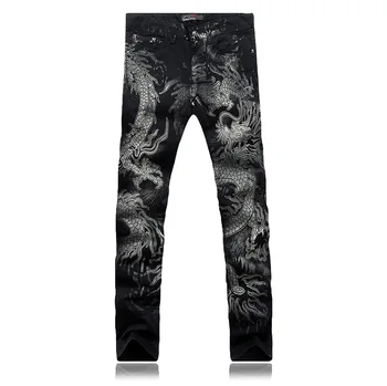 2017 men jeans new Chinese style personality fashion animal dragon pattern printed denim casual jeans trouser 28-38