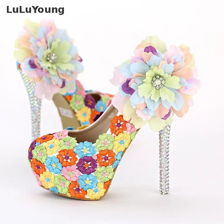 Beautiful Color Ultra High Heel Wedding Shoe Lace Flowers Round Head Light Mouth Dress Shoes sy-127