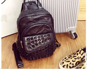 Design soft sheepskin rivet women's backpack genuine leather travel bag preppy style girl's bag