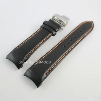 23mm(Buckle 20mm) T035617/T035439 Silver Butterfly Buckle Orange Stitched Black Smooth Genuine Leather Watchband For T035 Straps