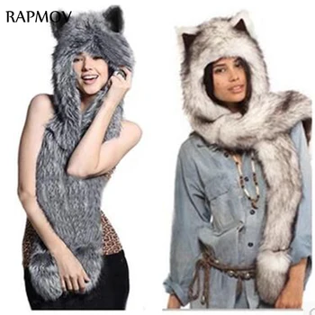 Winter hats for women Faux Fur Hood Animal Hat Ear Flaps Hand Pockets 3in1 Animal Hood Hat Wolf Plush Warm Animal Cap with Glove