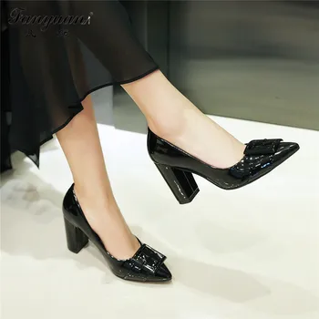 2017 Women Thick Heel Pumps Super High Heels New Design Working Shoes Great Patent Leather Pointed Toe Slip-on Sexy Lady Shoes