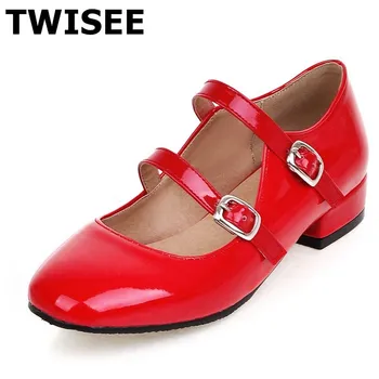 Rubber zapatos mujer women high heels shoes Comfortable summer pumps Round Toe Beautiful Fashion Buckle Strap Patent Leather