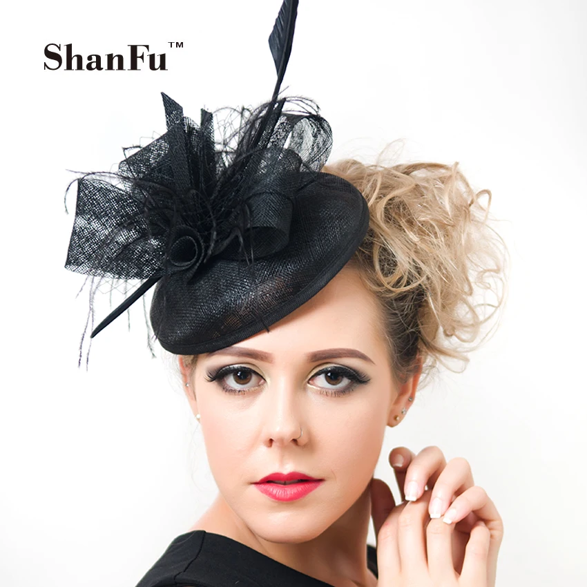 ShanFu Women Purple Cocktail Fascinators Hat Sagittate Feather Wedding Hats with Net Women Hair Acesories SFC12319