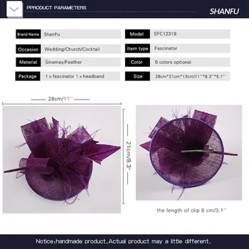ShanFu Women Purple Cocktail Fascinators Hat Sagittate Feather Wedding Hats with Net Women Hair Acesories SFC12319