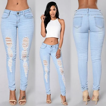 Women Sexy Hole Pencil Casual Ripped Denim Pants Long Maxi Jeans Slim Trousers