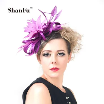 ShanFu Women Feather Fascinators Large Satin Wedding Hat Purple Fascinator Hat For Wedding Cocktail Pink with Headband SFC12214