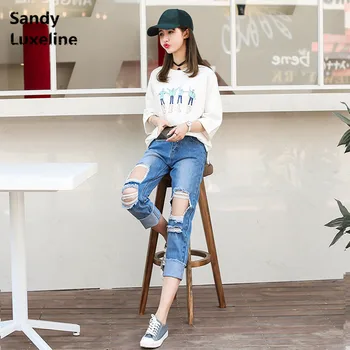 Hole Ripped Jeans for Women Pants Cool Denim Vintage Loose Jeans for Girl in Boyfriend Casual Style Pants Female Trousers 002