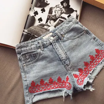 2017 Street Fashion Red Floral Lace Splice Jeans Empire Washed Vintage Summer Beach Wear Hot Pants Casual Women Denim Jean Short