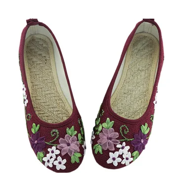 Vintage Women Flower Flats Slip On Cotton Fabric Casual Shoes Comfortable Round Toe Student Shoes Woman Size34-40