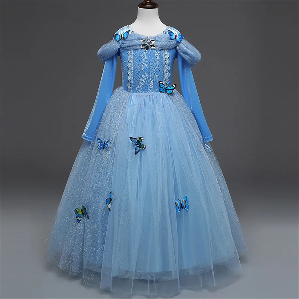 Spring Kids Girl Princess Dress Sequined Butterfly Decoration Birthday Party Cosplay Costume Children Long Sleeve Lace Clothing