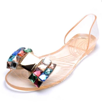 2017 Casual Sweet Cut-out Jelly Sandal Summer Crystal Beach Slip On Flats Fashion Bling Women's Shoes Plus Size 35-40 P2e22