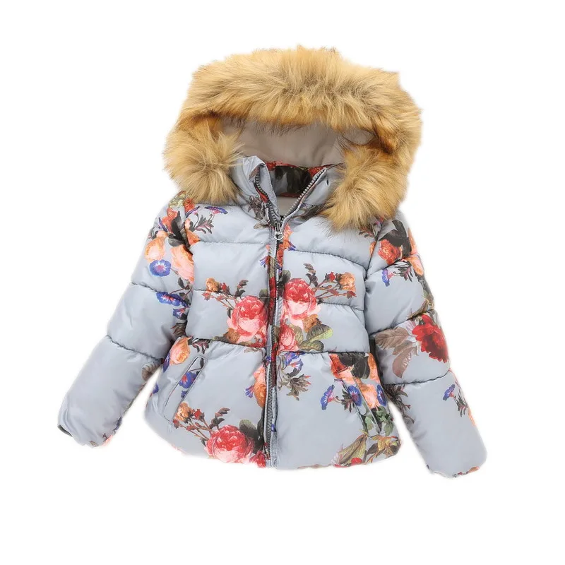 2016 New Girls Winter Coat Hooded Fur Collar Thicken Girls Outwear Flower Printed Ruffer Girls Winter Jackets Children Clothing