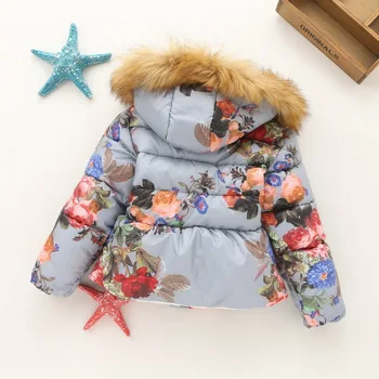 2016 New Girls Winter Coat Hooded Fur Collar Thicken Girls Outwear Flower Printed Ruffer Girls Winter Jackets Children Clothing