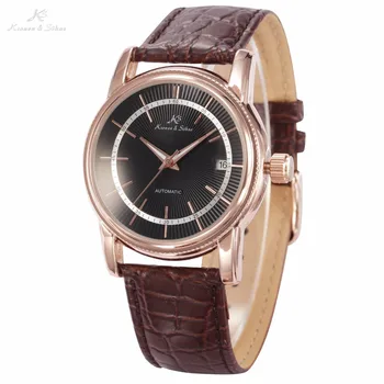 KS Black Dial Rose Gold Stainless Steel Case Date Display Automatic Mechanical Fluorescence Hands Leather Strap Men Watch /KS234