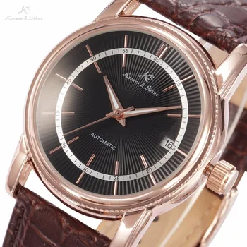 KS Black Dial Rose Gold Stainless Steel Case Date Display Automatic Mechanical Fluorescence Hands Leather Strap Men Watch /KS234