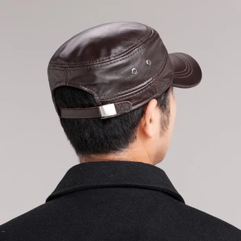 Men'S Winter Genuine Leather Baseball Cap Hat Real Leather Adult Solid Adjustable Coffee Color Hats Caps For Male