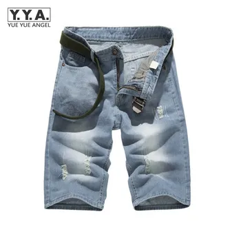 2017 New Fashion Mens Hole Denim Shorts Straight Jeans For Man Cotton Washed Casual Jeans Trousers Plus Size 28-38 Blue