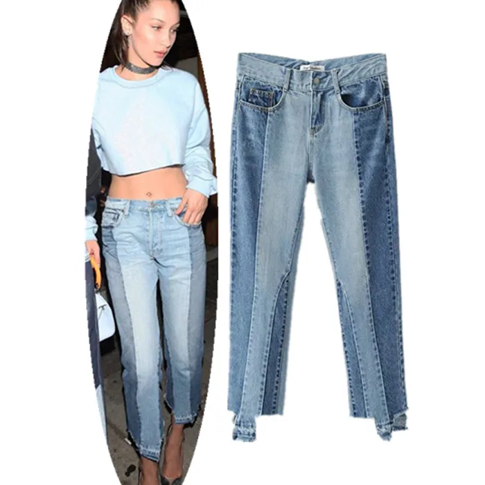 Ping jeans woman vintage spliced panelled ripped Color matching asymmetric torn jeans regular pencil denim pants female