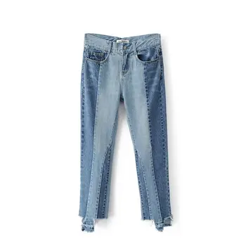 Ping jeans woman vintage spliced panelled ripped Color matching asymmetric torn jeans regular pencil denim pants female