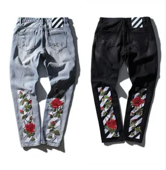 TOP quality off white embroidery jeans Ripped Denim Knee Hole Zipper mens harem pants Destroyed Torn joggers Biker fear of god