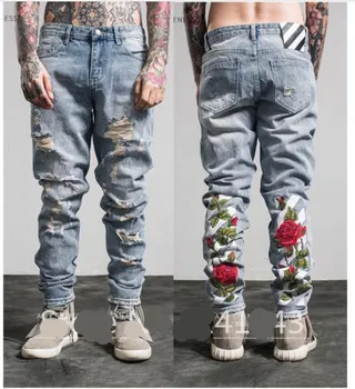 TOP quality off white embroidery jeans Ripped Denim Knee Hole Zipper mens harem pants Destroyed Torn joggers Biker fear of god