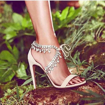 Milla Crystal Fringe Suede Sandals Jewel Embellished Gladiator Sandals Sexy High brand Pumps Lace Up Bling Wedding Shoes Woman