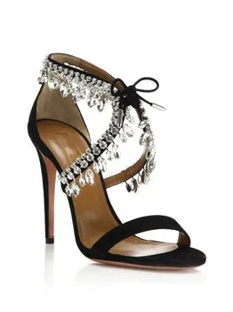 Milla Crystal Fringe Suede Sandals Jewel Embellished Gladiator Sandals Sexy High brand Pumps Lace Up Bling Wedding Shoes Woman
