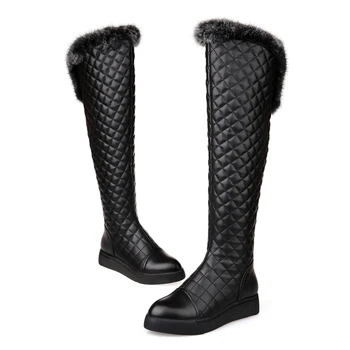 2017 New Brand knee high boots flat heel women genuine leather quilted long boots platform fashion Luxury designer shoes LC38