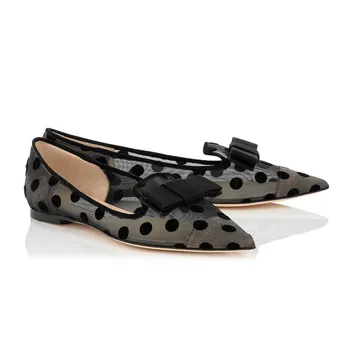 Polka Dot Mesh Pointy Toe Flats Bow Clear Lace Women Loafers Zapatos Mujer Cute Butterfly Knot Creepers Women Shoes