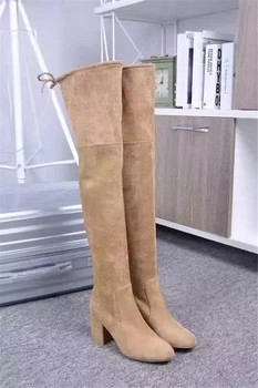 2017 New Famous designer Med Heel Over The Knee Boots Women Suede Leather brand Boots Autumn Booties Botas Mujer Beige Shoes