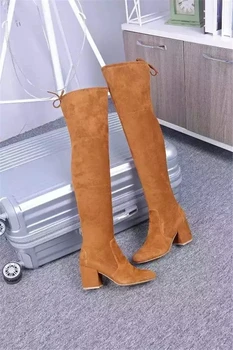 2017 New Famous designer Med Heel Over The Knee Boots Women Suede Leather brand Boots Autumn Booties Botas Mujer Beige Shoes