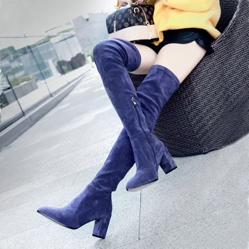 2017 Pointed Toe Ladies Chunky brand Boots Genuine Leather Thigh High Boots Famous designer Over The Knee Booties Shoes Women
