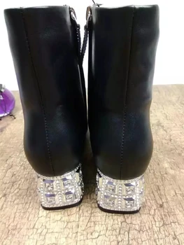 2017 Rhinestone Heel Black Suede Boots European Brand Designer Autumn New Shoes For Ladies Women Short Booties Med Heel D673