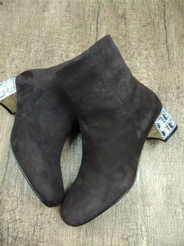 2017 Rhinestone Heel Black Suede Boots European Brand Designer Autumn New Shoes For Ladies Women Short Booties Med Heel D673