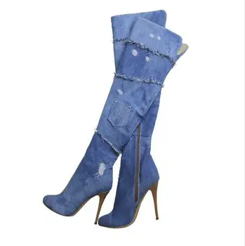 Hot selling first class blue denim long boots over-the-knee open toe retro style pocket wood sole stiletto heel sexy women pumps