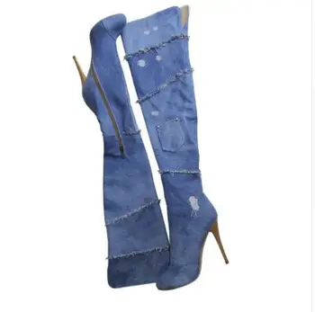 Hot selling first class blue denim long boots over-the-knee open toe retro style pocket wood sole stiletto heel sexy women pumps