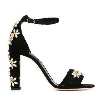 Crystal Floral Daisy Embellished Sandals Chunky High brand Gladiator Sandals Women Pumps Ankle Wrap Summer Wedding Shoes Woman