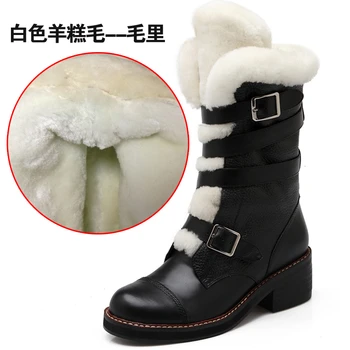 2017 Genuine Leather Mid Calf Women Famous designer Boots Med Heel Winter Motorcycle Shoes Real brand Fur Snow Boots For Ladies