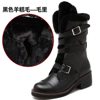 2017 Genuine Leather Mid Calf Women Famous designer Boots Med Heel Winter Motorcycle Shoes Real brand Fur Snow Boots For Ladies