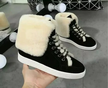 Brand Dress Shoes Women Round Toe Flat Snow Booties Fur Embellished Lace Up Ankle Boots Wholesale Drop Shipping