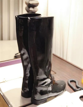 2017 designer brand patent leather knee high boots women back Famous boots flat low heel fashion winter round shoes LC35