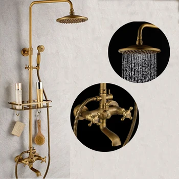 Bathroom Retro Shower Set Faucet W/ Commodity Shelf And Hangers Antique Brass Mixer Tap Dual Handles Wall Mounted