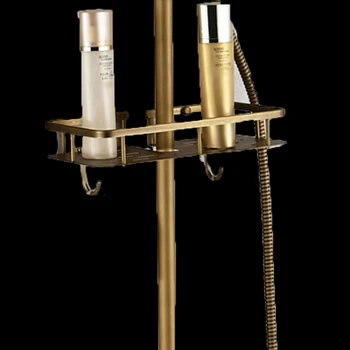 Bathroom Retro Shower Set Faucet W/ Commodity Shelf And Hangers Antique Brass Mixer Tap Dual Handles Wall Mounted