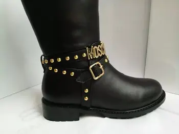 2016 Fashion Trend brand Dres Shoes Women Round Toe Flat Botas Mujer Gold Letters Rivets Embellished Motorcycle Mid-calf Boots