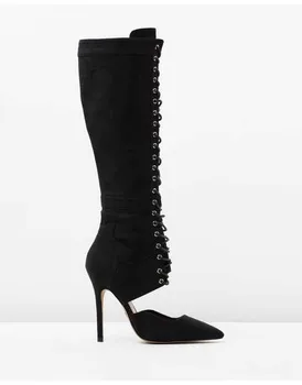Black Leather Dress Shoes Women Pointed Toe High brand Botas Mujer Lace Up Cut-Outs Knee High Famous Designer Boots