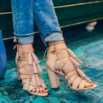 Leather Fringe Open Toe Women Sandals 2017 Chunky High brand Lace Up Sandalias Mujer Ankle Strappy Gladiator Sandals Women Shoes