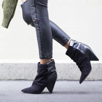 2017 Andrew Boots Fashion Spike Heel Women Ankle Boots brand Leather Suede Patchwork Winter Boots Cool Ladies Pumps