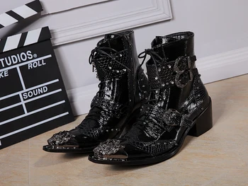 Plus Size 2016 Leather Ankle Boots High Heel CM Cowboy Shoes Metal Tip Studded Buckle Riding Shoes Size 38-46 us12